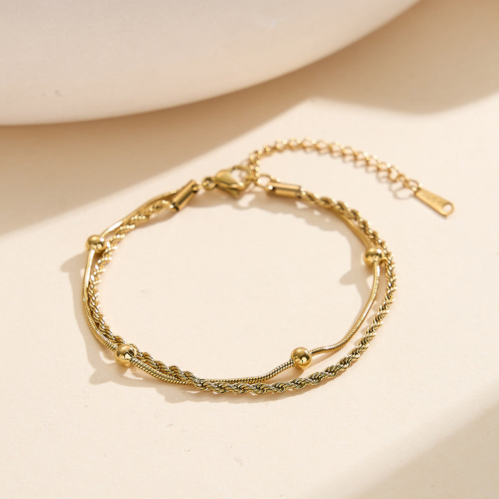 Gold Plated Stainless Steel Double Chain Bracelet, Twisted Rope Chain & Snake Chain with Round Ball Charms, Adjustable