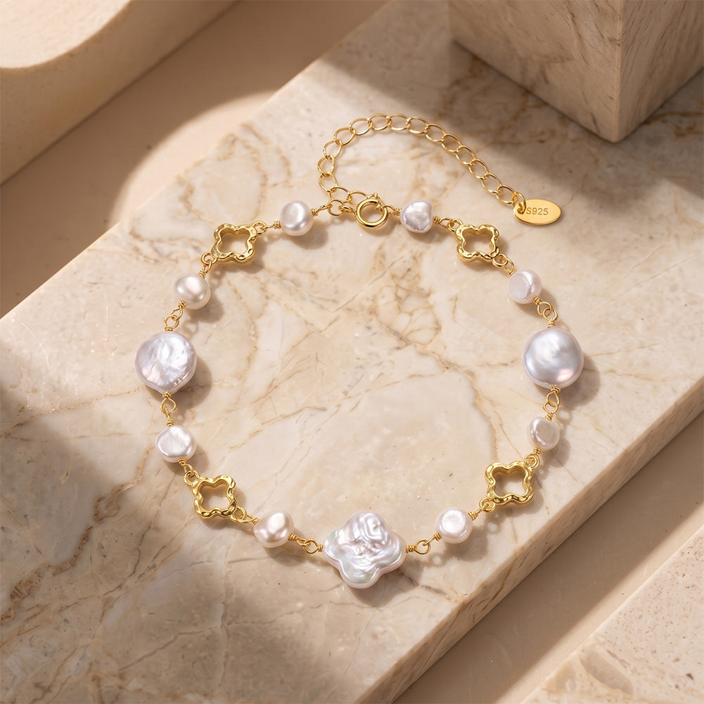 S925 Gold Plated Clover Link Bracelet, Mixed Lustrous Baroque Coin & Petal-shaped Freshwater Pearls, Hollow Four-leaf Clover Metal Links, Adjustable Extension Chain
