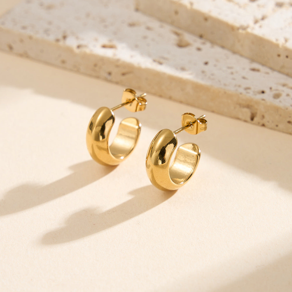 Gold Plated Stainless Steel Chunky Smooth Wide C-Shaped Hoop Stud Earrings