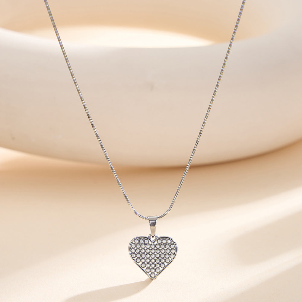 Gold Stainless Steel Snake Chain Necklace, Hollow Heart Pendant Inlaid with Mini White Pearl Beads