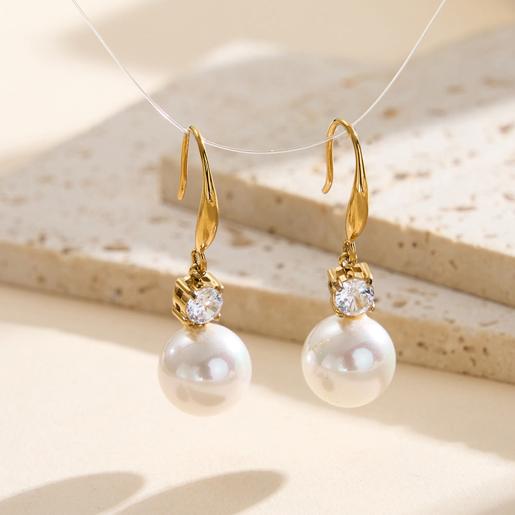 Gold Plated Stainless Steel Teardrop Hook Earrings with Round CZ and Big Imitation Pearl
