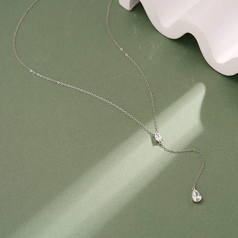 Silver Stainless Steel Teardrop CZ Y Lariat Necklace, Double Pear Cut Cubic Zirconia Drop Pendant Chain