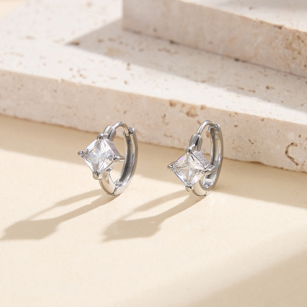 Silver Stainless Steel Princess Square Cut CZ Huggie Hoop Earrings