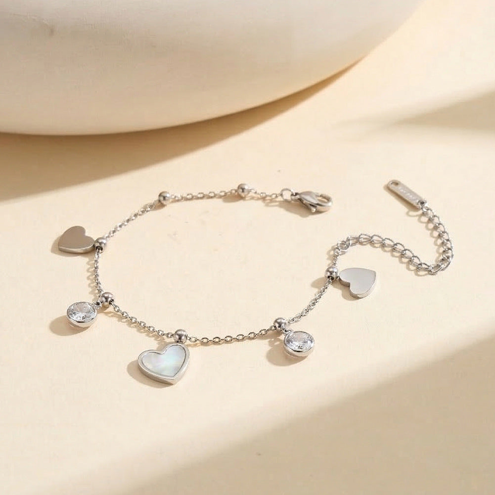 Gold Plated Stainless Steel Dainty Cable Chain Bracelet, Mix Heart Charms with Round CZ Stones & Spacer Beads, Adjustable Extension