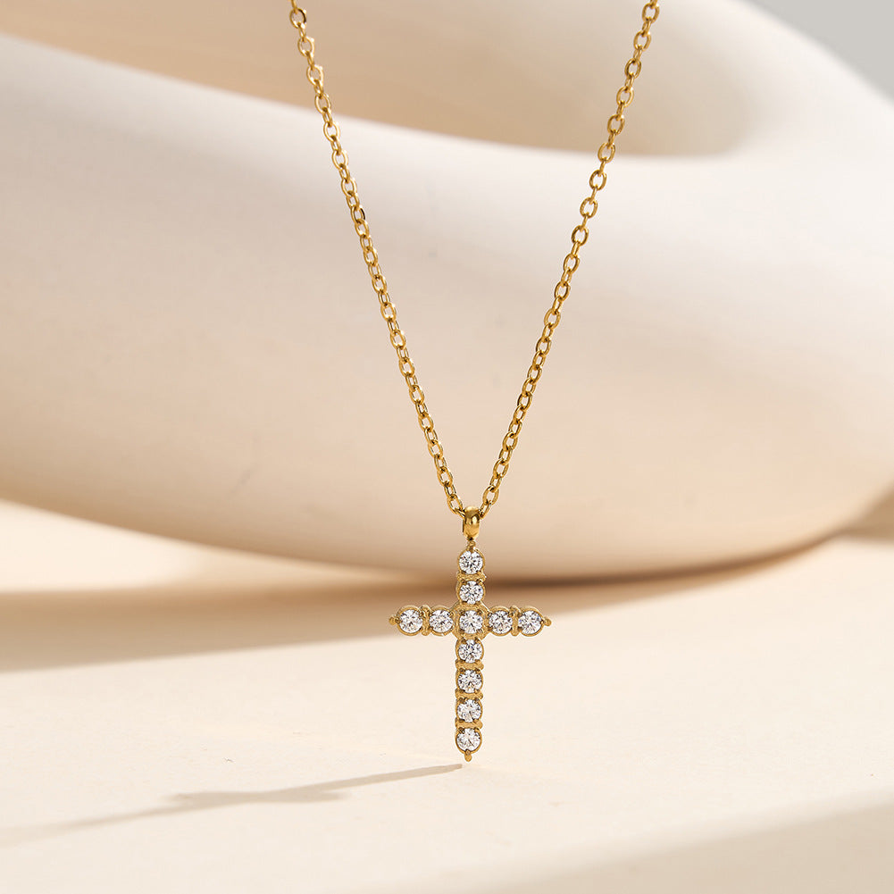 Gold Stainless Steel Vintage Paved CZ Cross Pendant Necklace, Ornate Round Cubic Zirconia Cross Charm Necklace