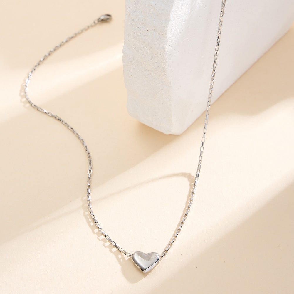 Gold Stainless Steel Puffy Heart Necklace, Polished 3D Solid Heart Charm on Box Link Chain