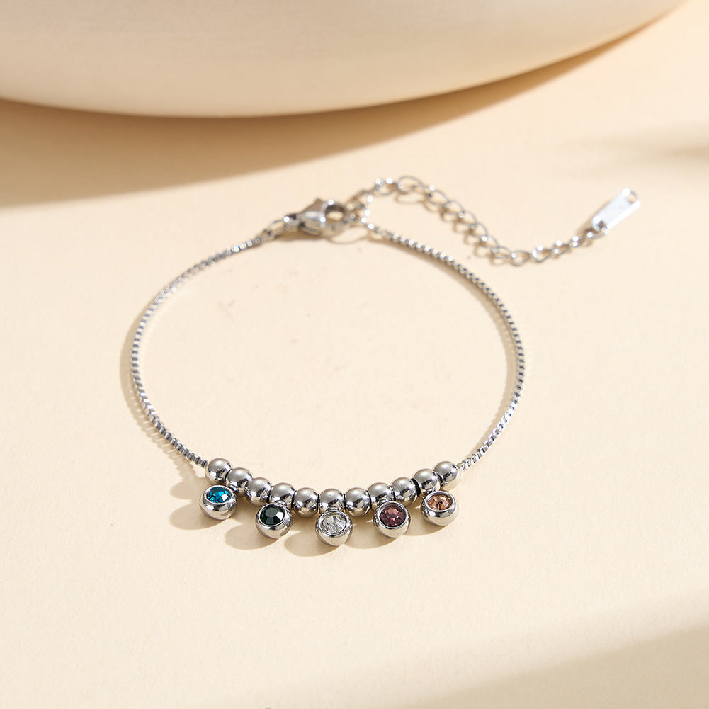 Gold Plated Stainless Steel Box Chain Bracelet, Multicolor Round CZ Drop Charms & Gold Spacer Beads