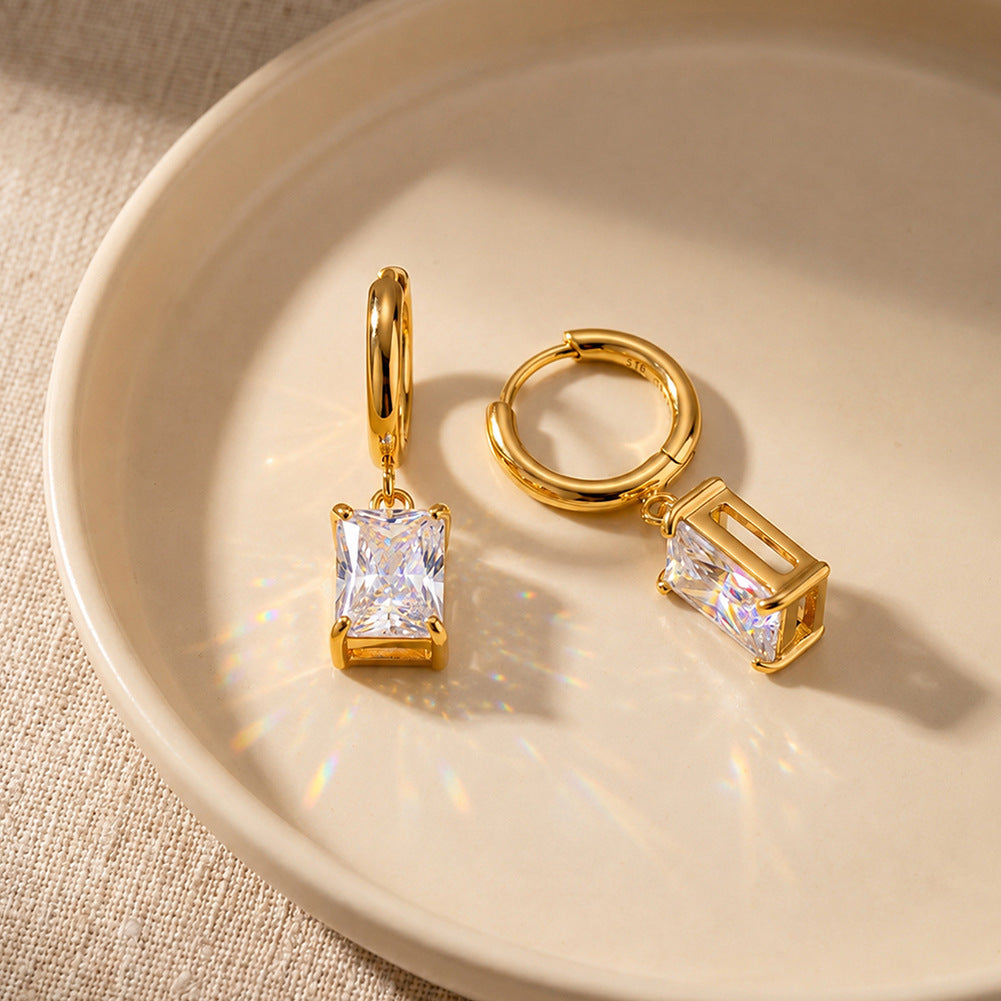 Gold Plated 316 Stainless Steel Huggie Hoop Earrings with Rectangular Emerald Cut Clear Cubic Zirconia Dangle Charm