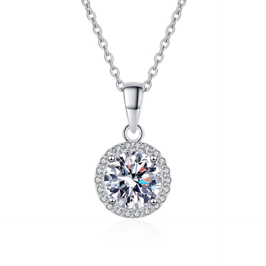 925 Sterling Silver 1ct Round Moissanite Halo Pendant Necklace