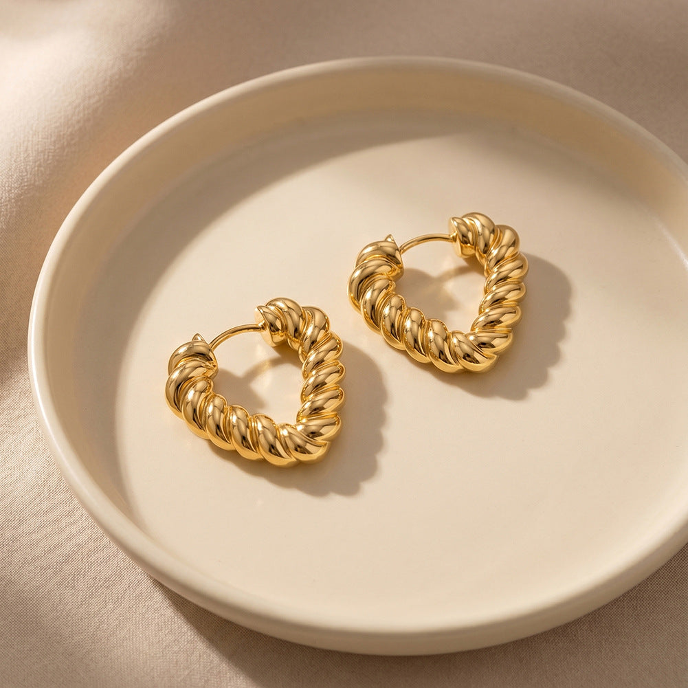 Gold Plated Stainless Steel Twisted Rope Heart Shape Huggie Hoop Earrings
