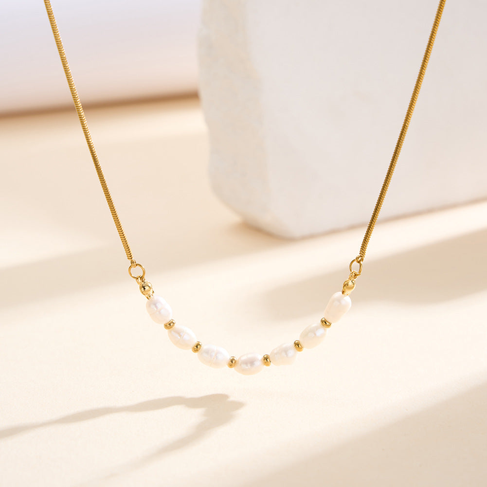 Gold Stainless Steel Baroque Pearl Choker Necklace, Snake Chain With Rice Pearl & Tiny Gold Bead Station Necklace