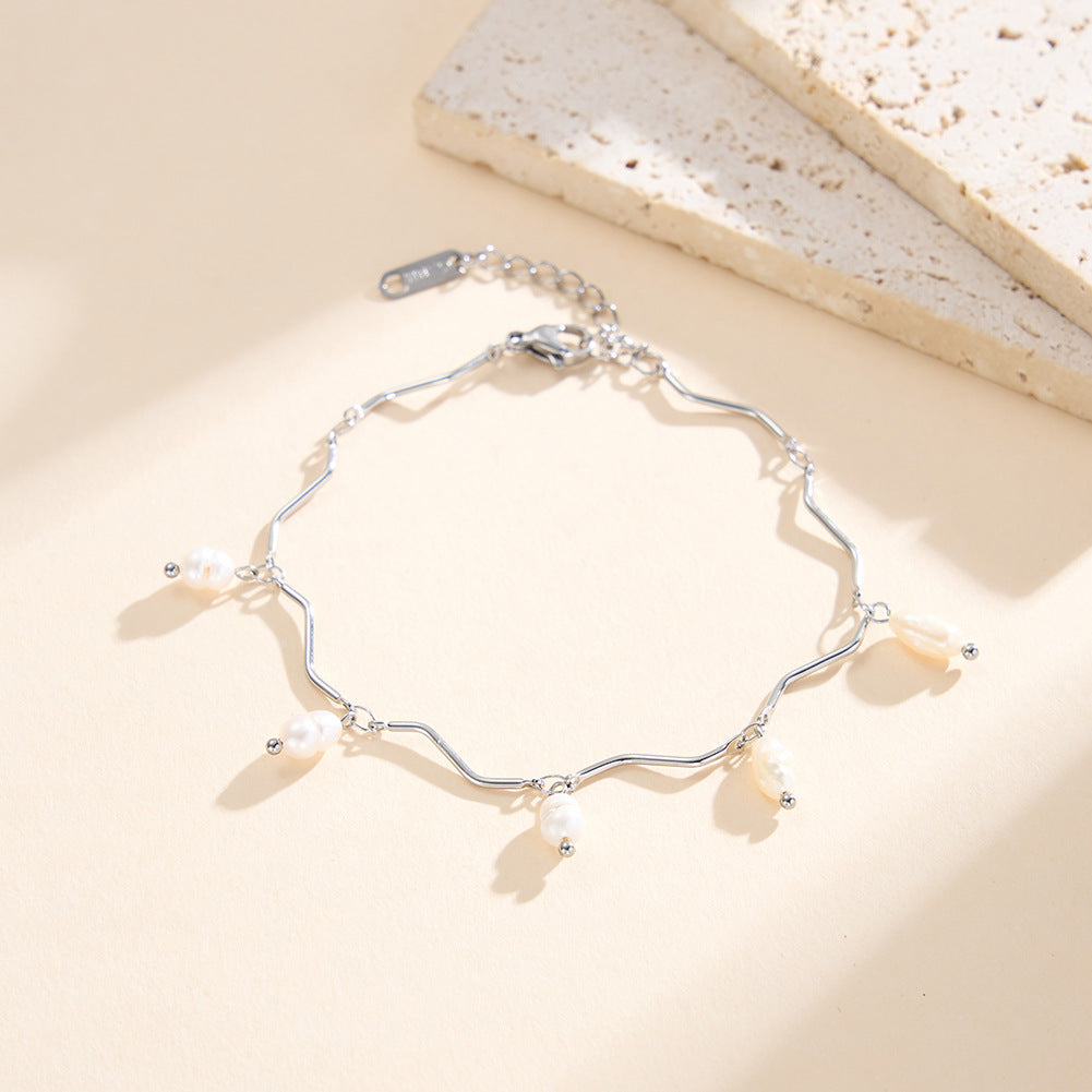 Silver Stainless Steel Wavy Tube Chain Bracelet, Dangling Baroque Imitation Pearl Charms, Adjustable Extension