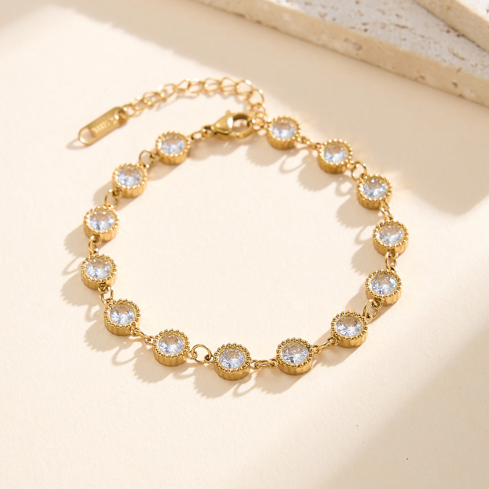 Gold Plated Stainless Steel Round Bezel CZ Bracelet, Milgrain Edge Cubic Zirconia Station Links, Adjustable Extension Chain