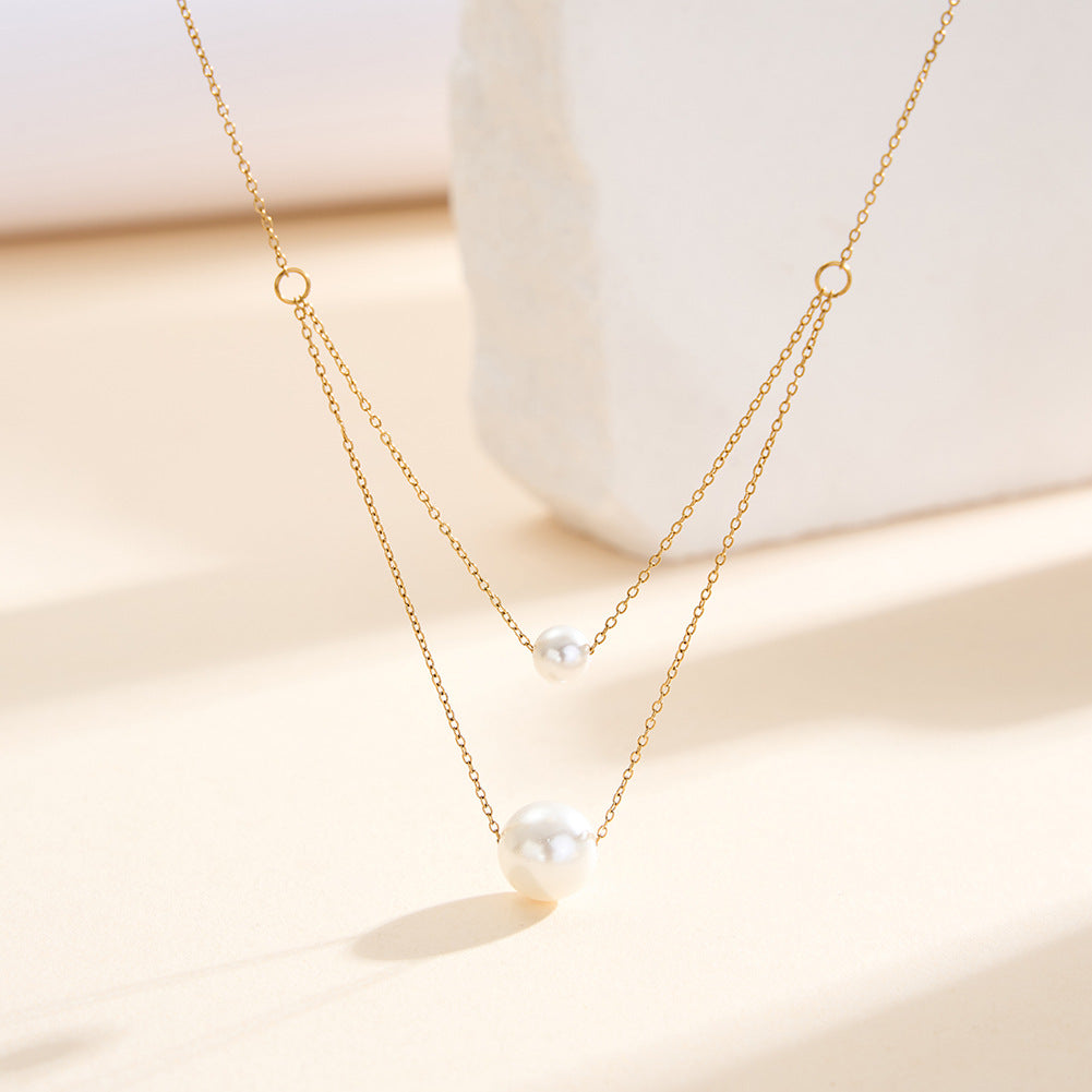 Gold Stainless Steel Double Layer Rolo Chain Necklace, Two Size Graduated Floating White Pearl Drop Pendants