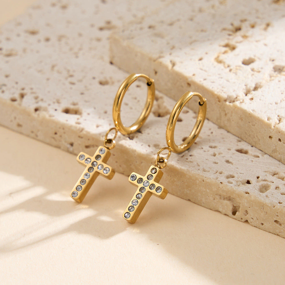 Silver Stainless Steel Cross CZ Charm Huggie Hoop Drop Earrings