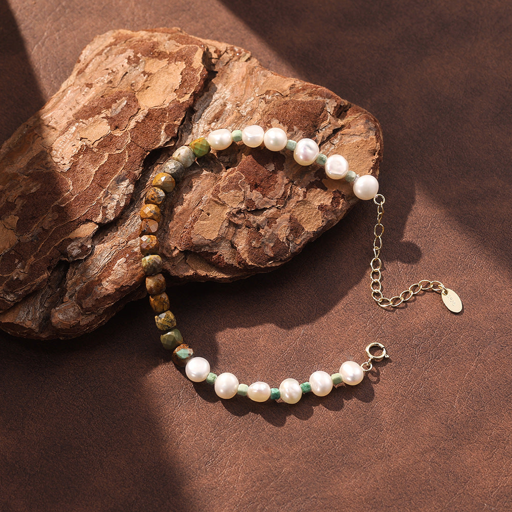 S925 Gold Plated Beaded Bracelet, Lustrous Baroque Freshwater Pearl with Faceted Brown Natural Stone Beads, Adjustable Extension Chain