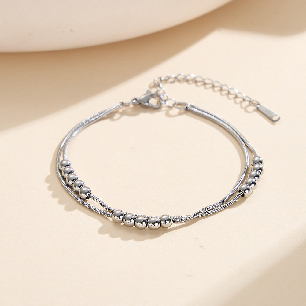 Gold Plated Stainless Steel Dual Layer Snake Chain Bracelet, Cluster Round Ball Beads Decorations, Adjustable Extension