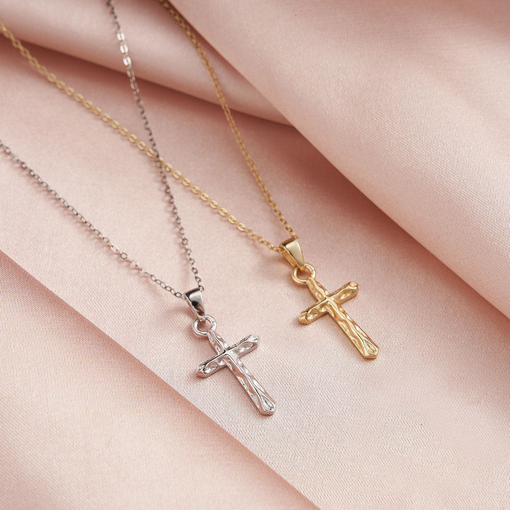 Gold Stainless Steel Hammered Textured Cross Pendant Necklace, Simple Rolo Cable Chain Religious Cross Charm Jewelry