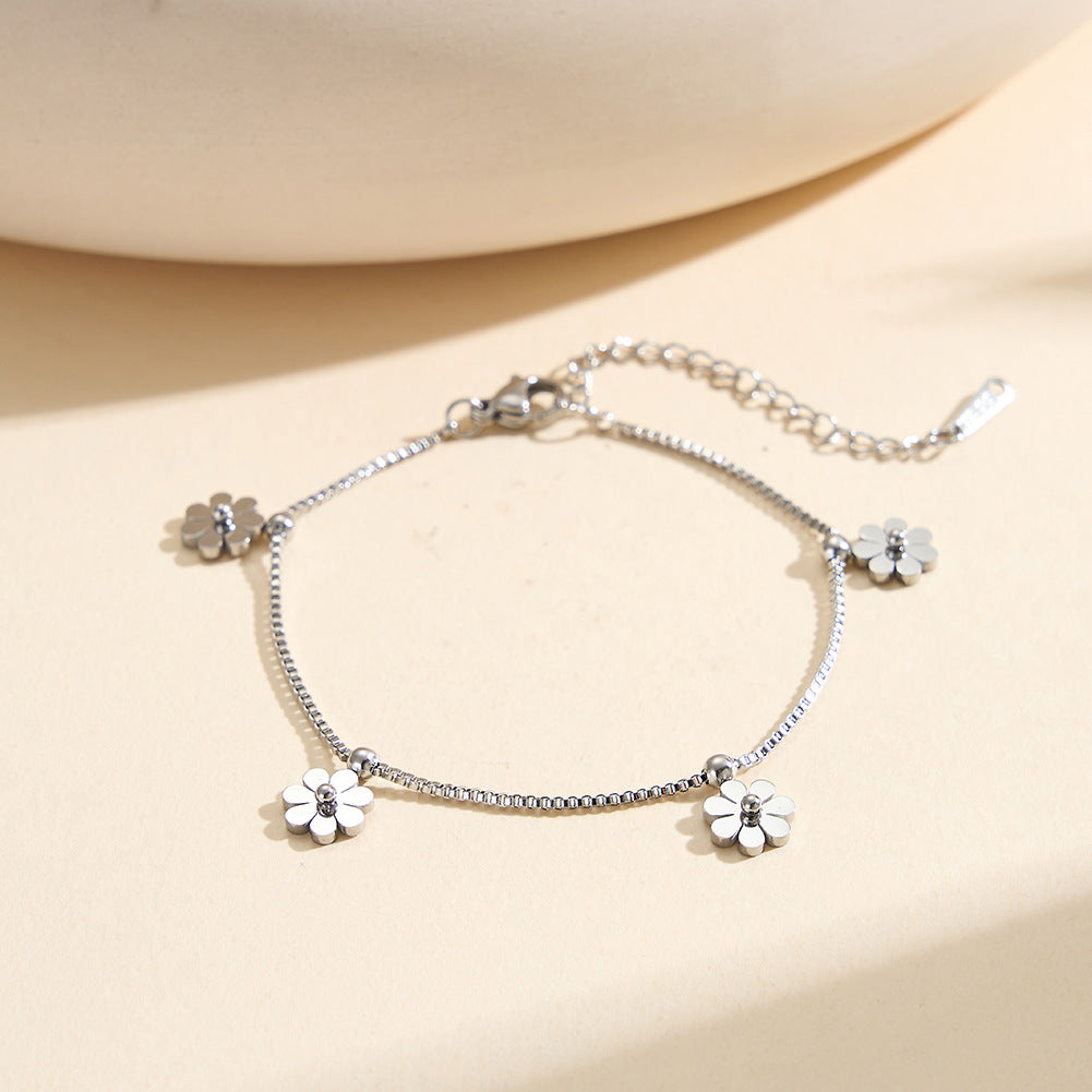 Silver Stainless Steel Daisy Flower Bracelet, 4 Daisy Charms & Spacer Beads, Box Chain Adjustable Bracelet