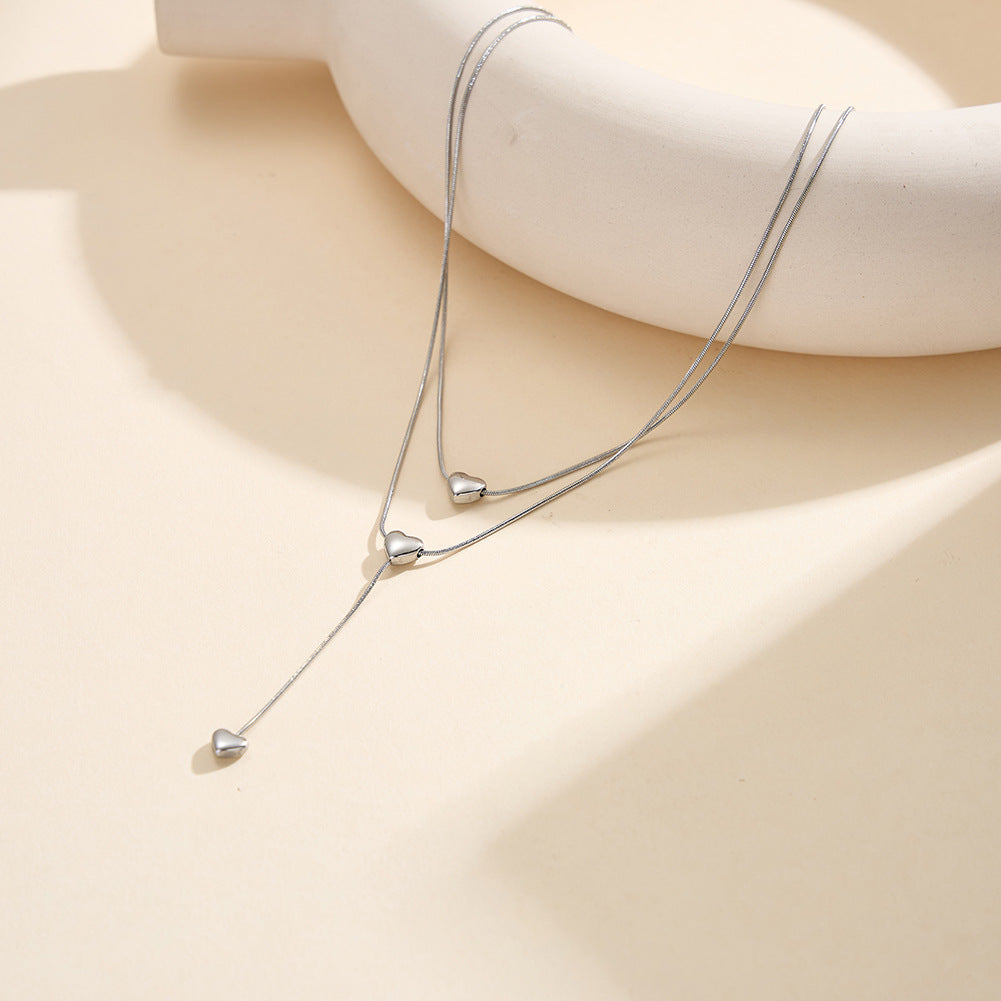 Gold Stainless Steel Multi Layer Y Shape Heart Lariat Necklace, Three Polished Solid Heart Pendants, Slim Snake Chain