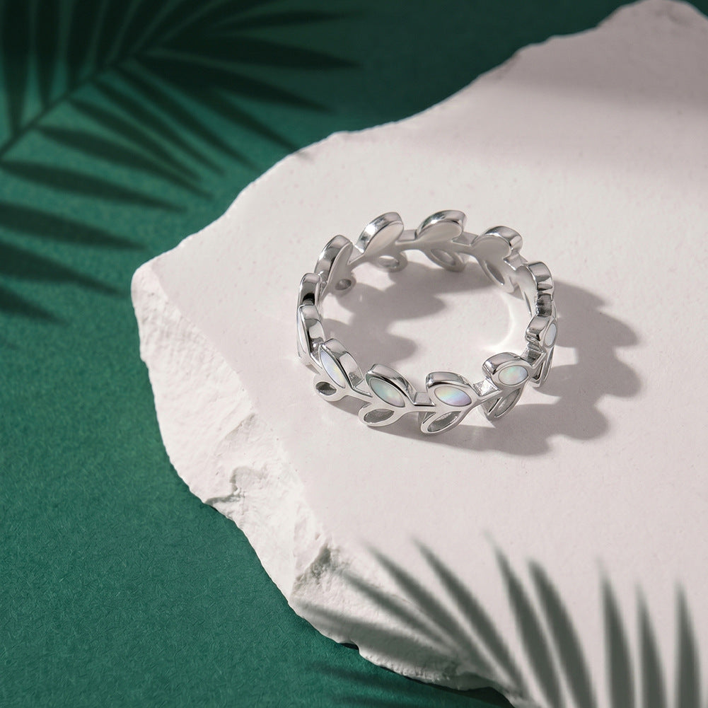 Gold Plated Stainless Steel Link Ring, Interlocking Cutout Links with Inlaid Mother of Pearl