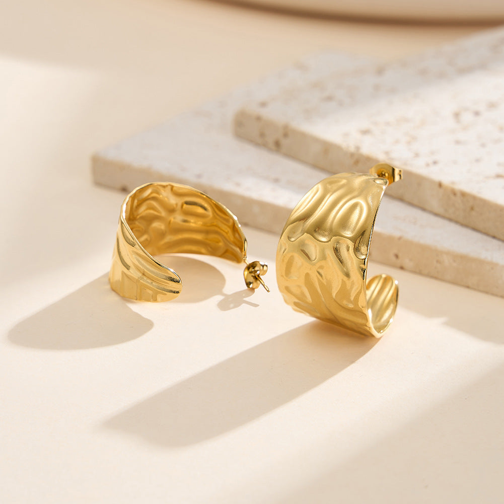 Gold Plated Stainless Steel Hammered Irregular Texture Wide C-Shaped Hoop Earrings