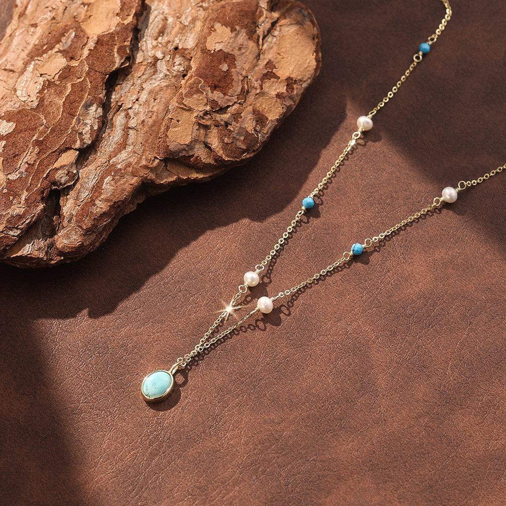 Gold Stainless Steel Turquoise & Freshwater Pearl Station Necklace, Oval Turquoise Bezel Pendant Adjustable Cable Chain