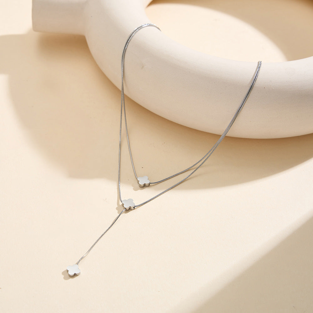 Gold Stainless Steel Multi Layer Y-Shape Clover Necklace, Triple Plain Four Leaf Clover Charms Snake Chain Lariat Style