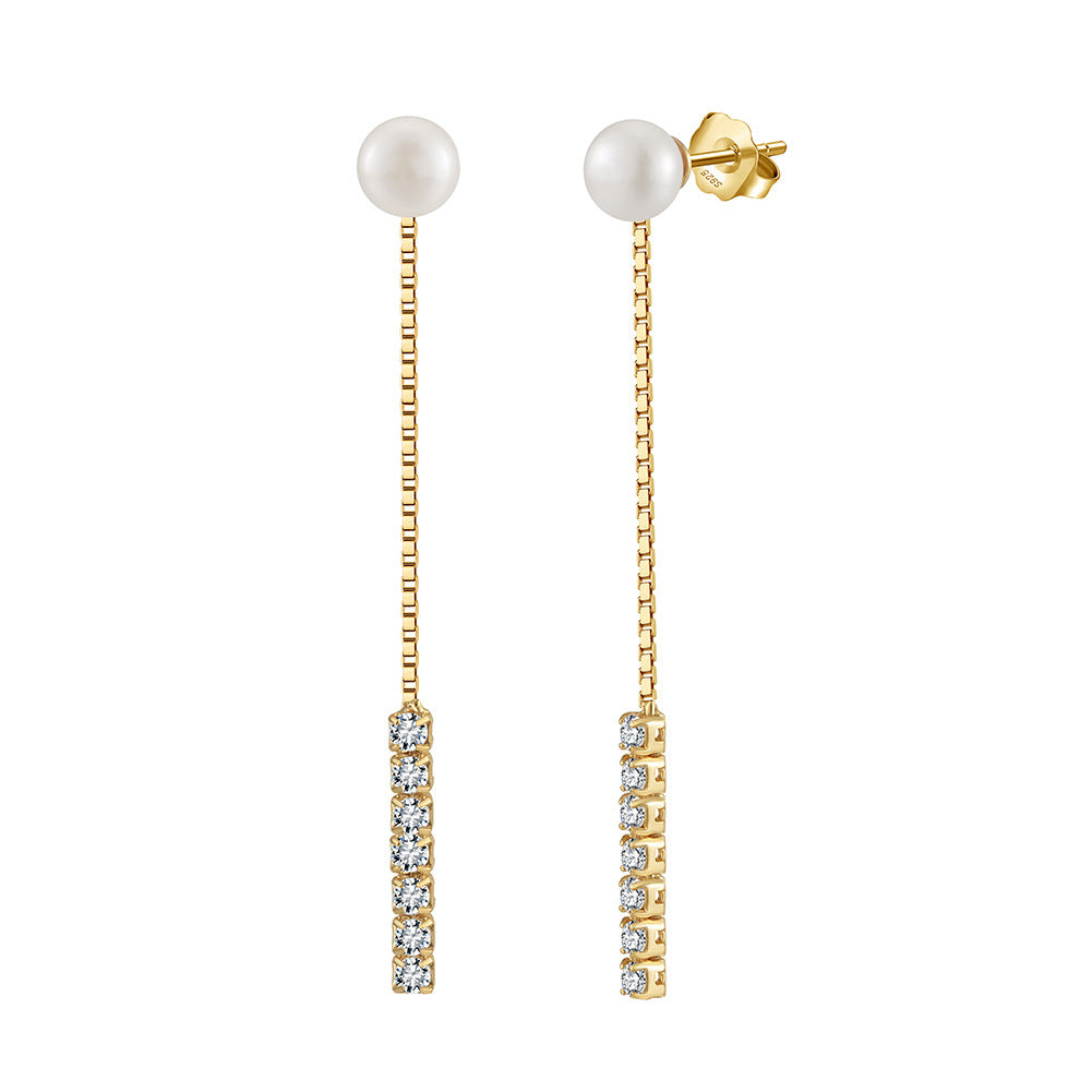 S925 Gold Plated Long Box Chain Pearl Threader Earrings, Single Large Round Lustrous Freshwater Pearl with Vertical CZ Drop Tassel
