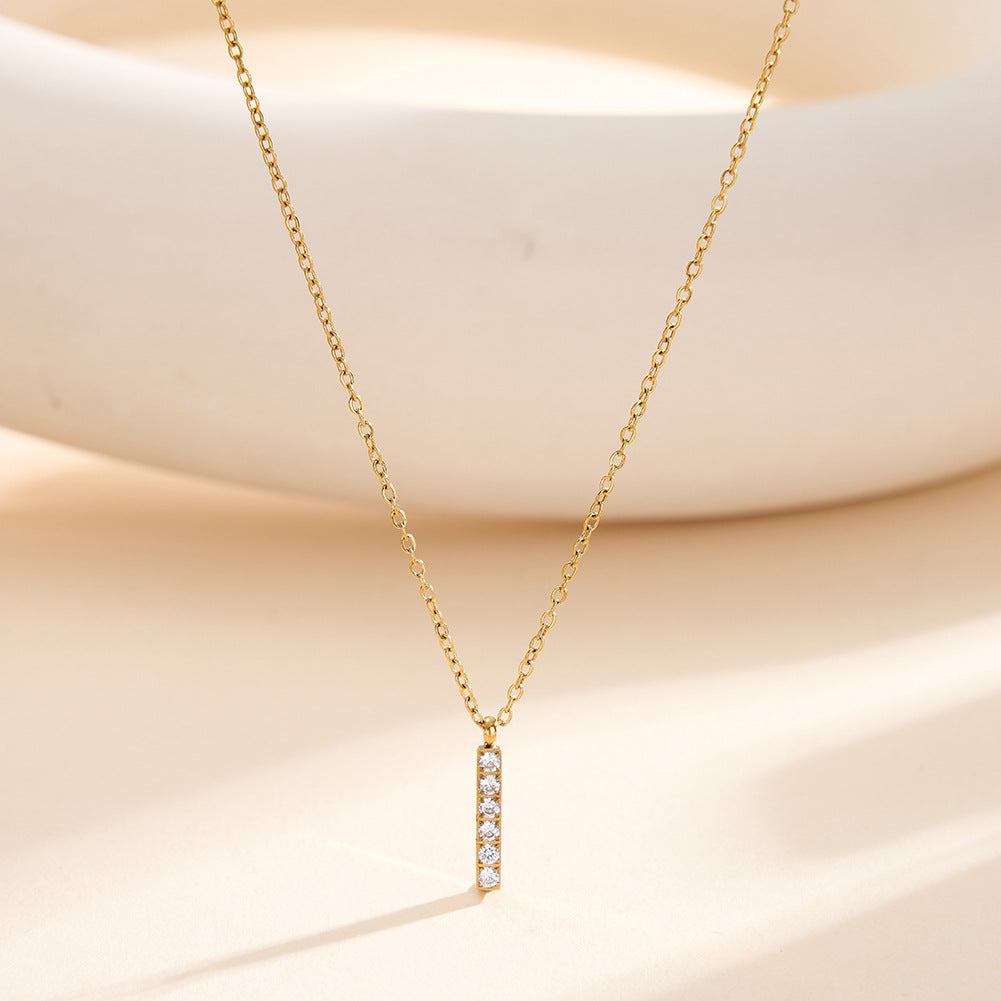 Gold Stainless Steel Vertical Bar CZ Pendant Necklace, 6 Round Cubic Zirconia Inlaid Rectangle Bar Cable Chain