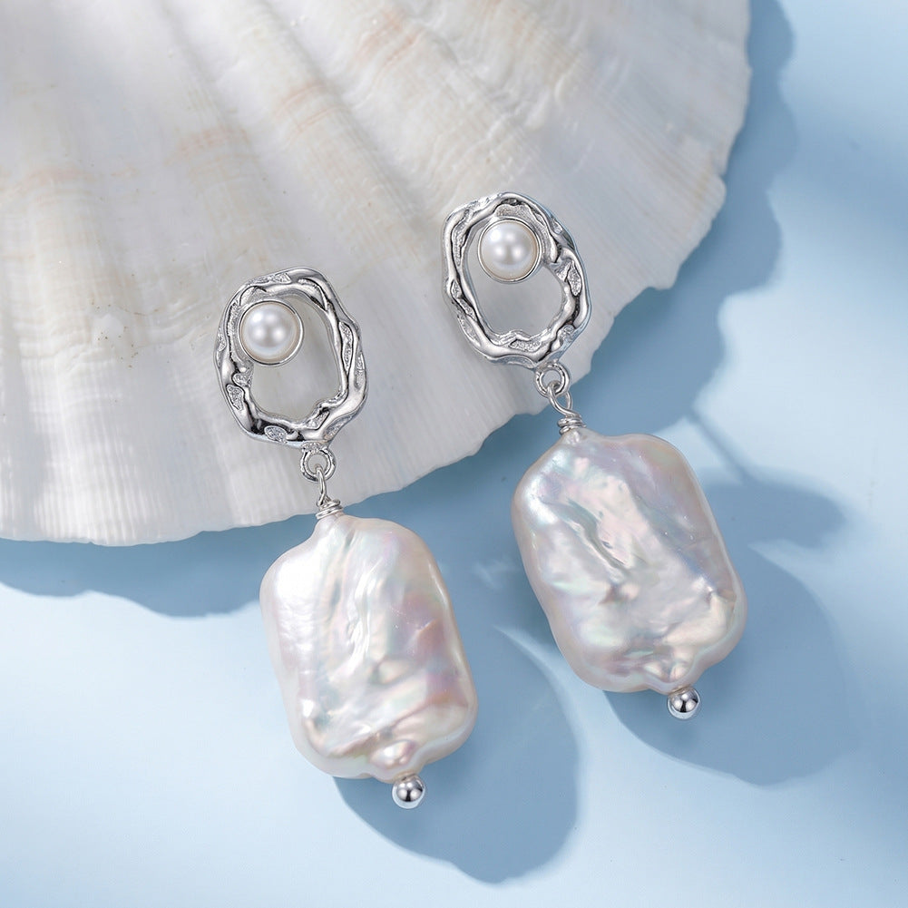 S925 Sterling Silver Irregular Hollow Frame Baroque Pearl Earrings, Small Round Pearl Accent Large Rectangle Baroque Freshwater Pearl Dangles
