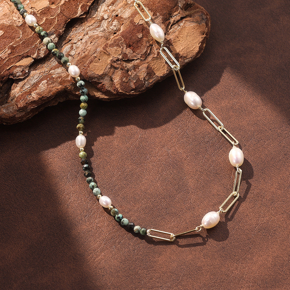 Gold Paperclip Chain Necklace, Rice Shape Freshwater Pearls & African Turquoise Beaded Pearl Necklace
