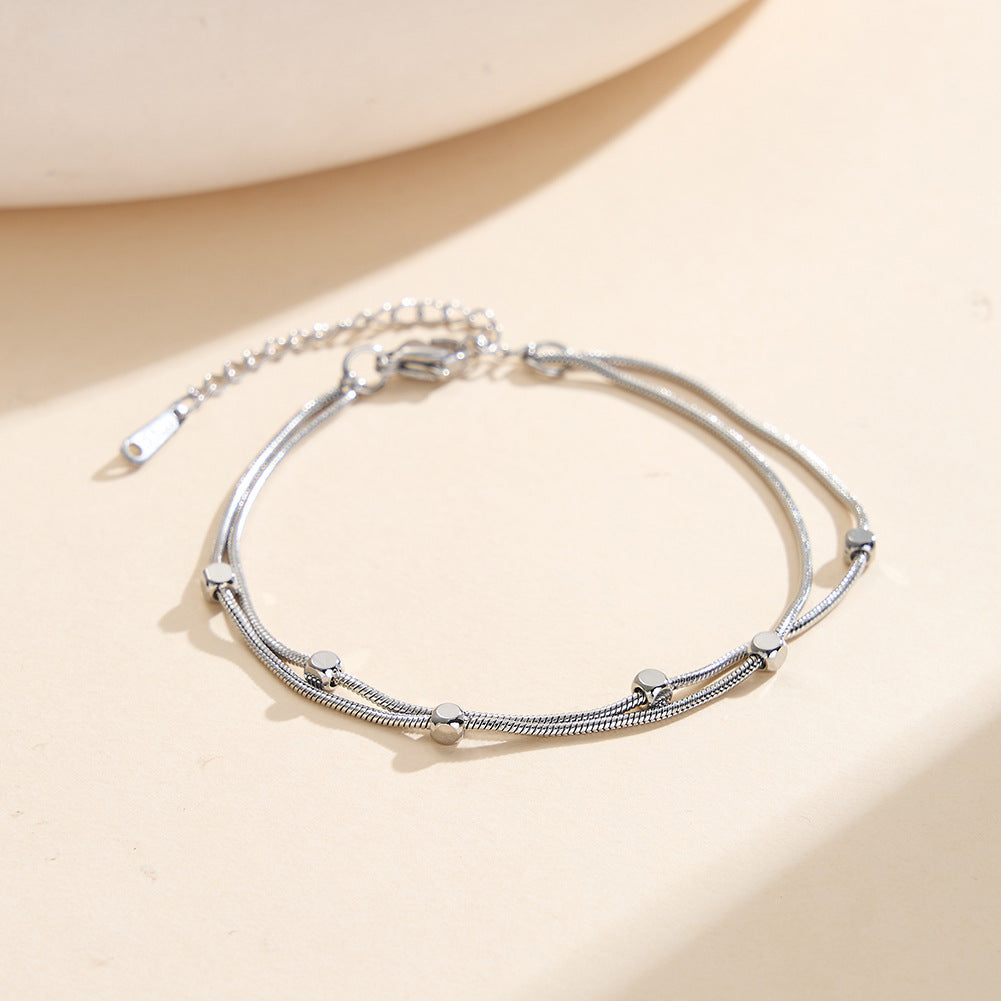 Gold Plated Stainless Steel Double Layer Snake Chain Bracelet, Hexagon Cube Bead Accents, Adjustable Extension Chain