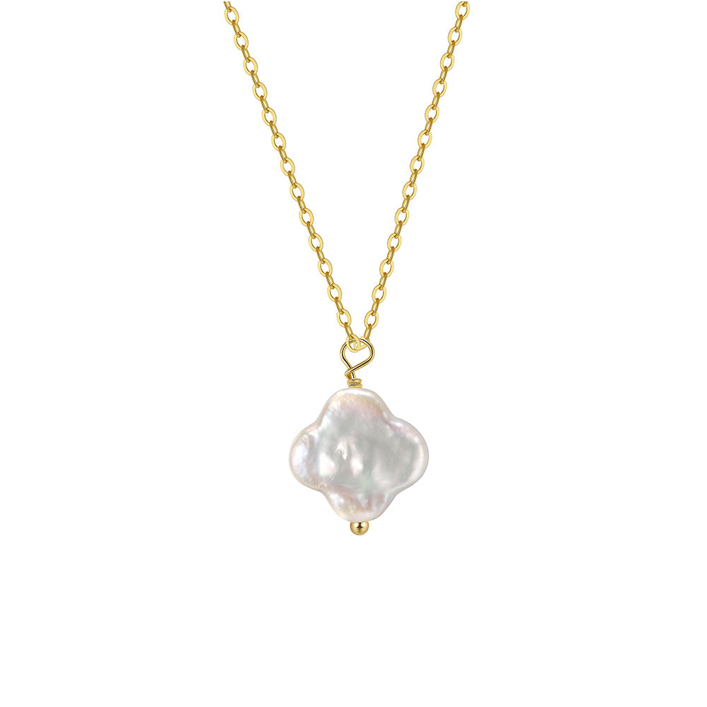 Four Leaf Clover Baroque Freshwater Pearl Pendant Necklace, Iridescent Organic Shape Pearl Charm Dainty S925 Silver Cable Chain