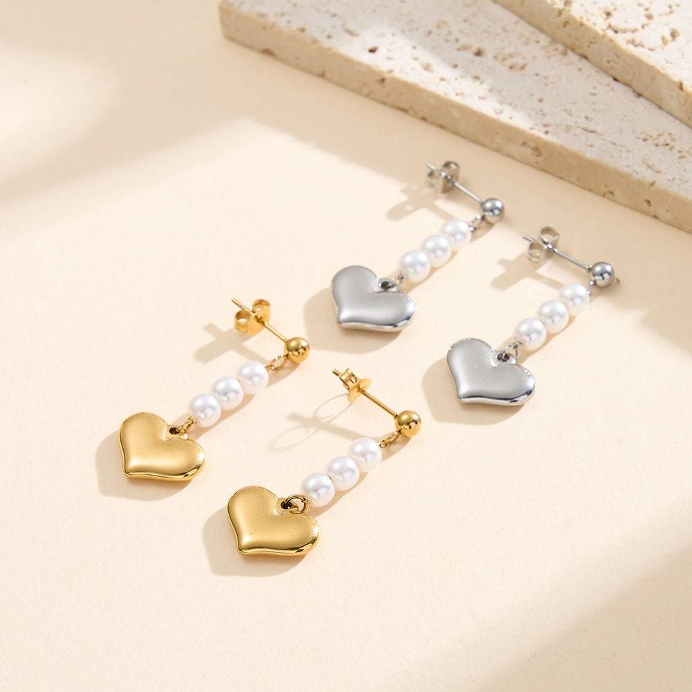Silver Stainless Steel Dangle Earrings, Pearl Beads Chain with Chunky Polished Heart Charm
