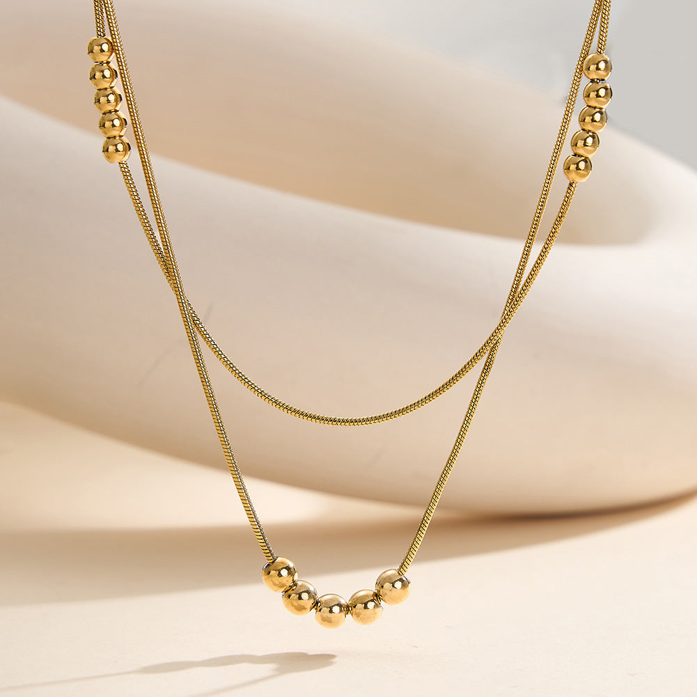 Gold Stainless Steel Double Layer Beaded Necklace, Multi Round Ball Station Beads Snake Chain Layered Choker