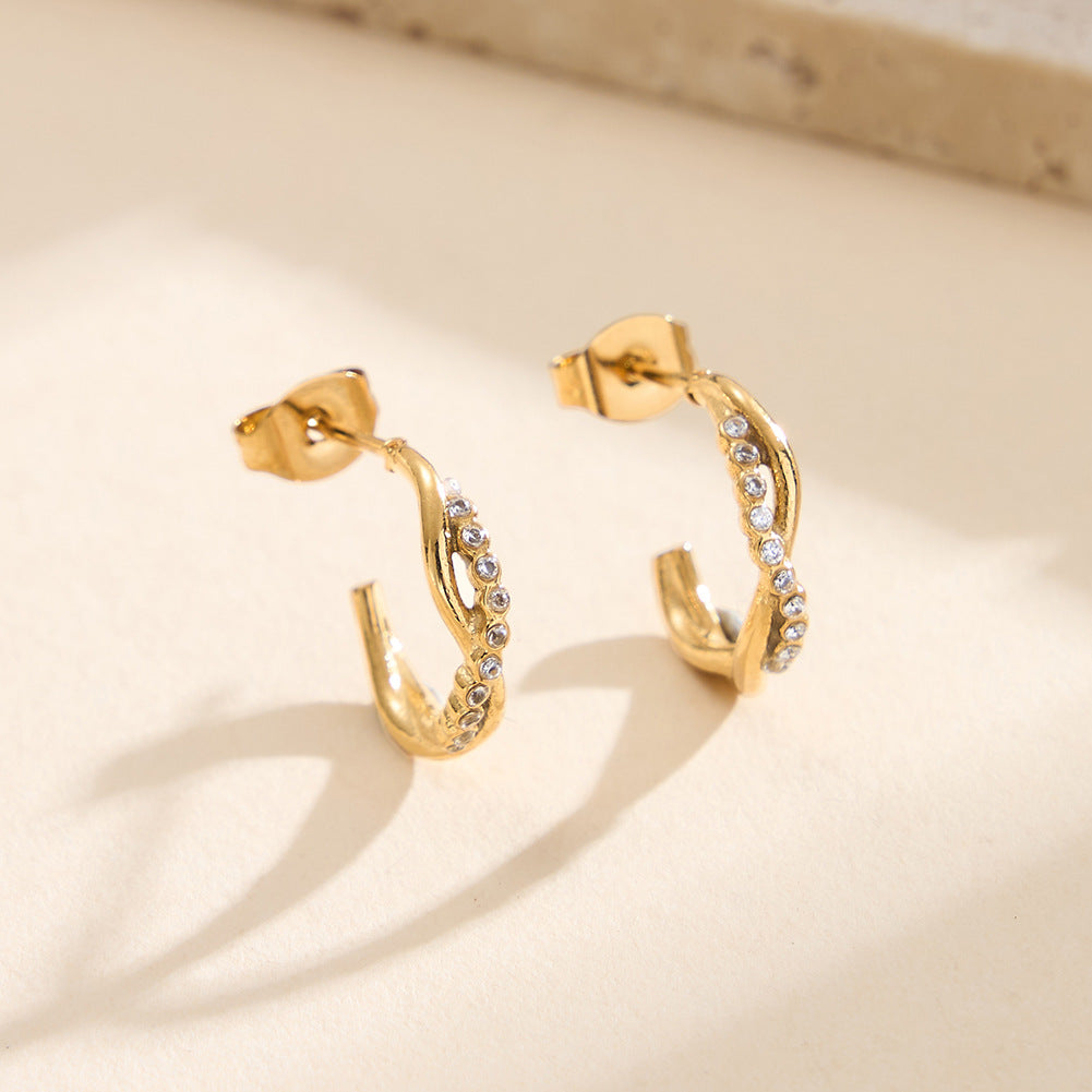 Silver Stainless Steel Twisted Open C Hoop Earrings Paved with Round CZ Gems