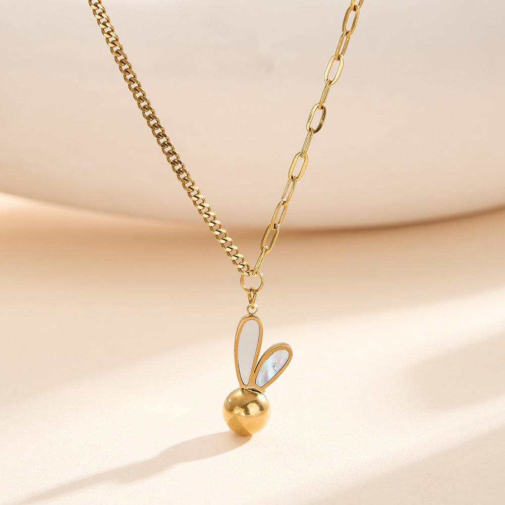 Gold Stainless Steel Bunny Ear Pendant Necklace, Shell Inlaid Rabbit Ear with Round Ball Mixed Link Chain