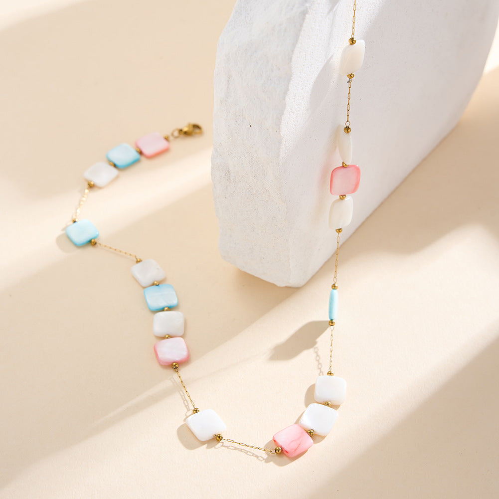 Gold Stainless Steel Square Shell Beaded Necklace, Multicolor Pink Blue White Mother of Pearl Square Beads, Rolo Link Chain
