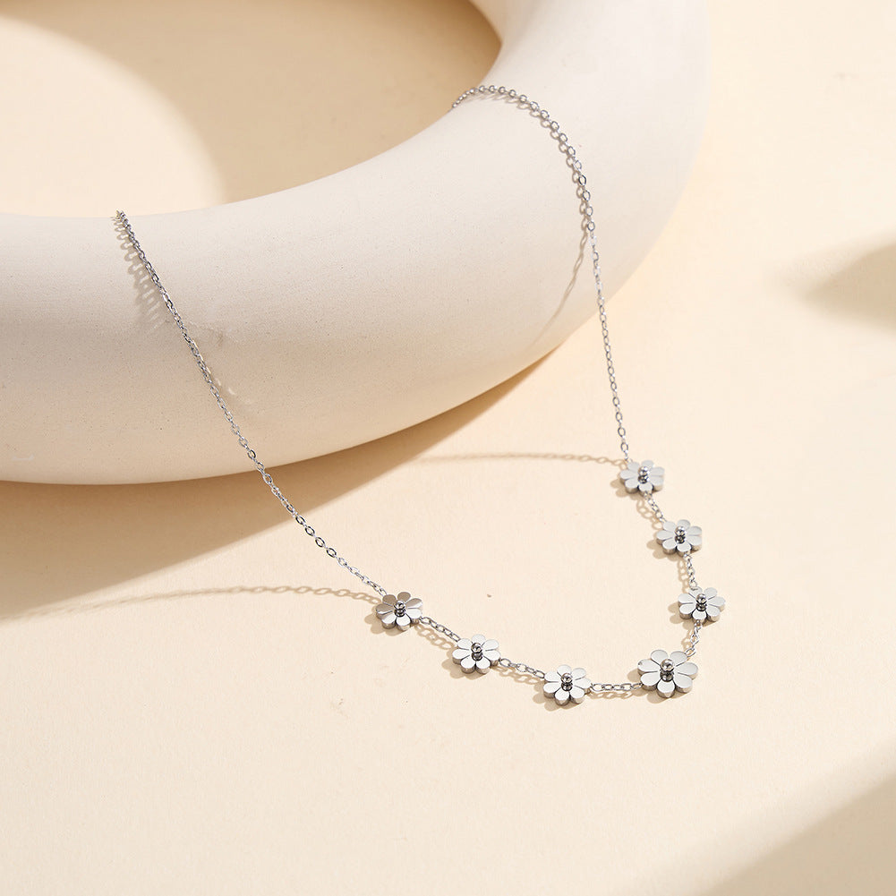 Gold Stainless Steel Daisy Station Necklace, Seven Daisy Flower Charms with Round Bead Center, Dainty Rolo Chain