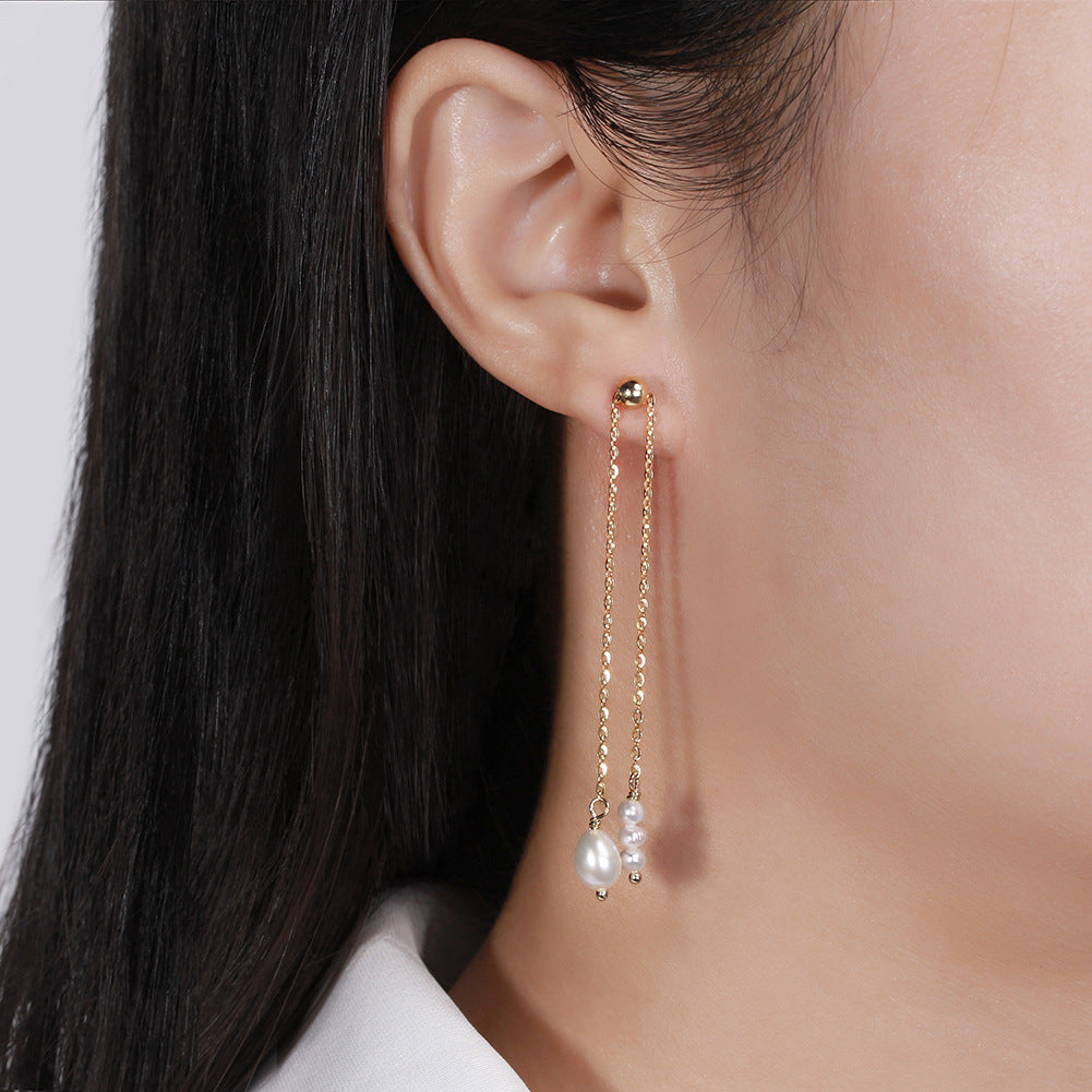 S925 Silver Multi-layer Tassel Pearl Dangle Earrings, Large Irregular Baroque Freshwater Pearl & Small Rice Pearls on Dual Delicate Cable Chains