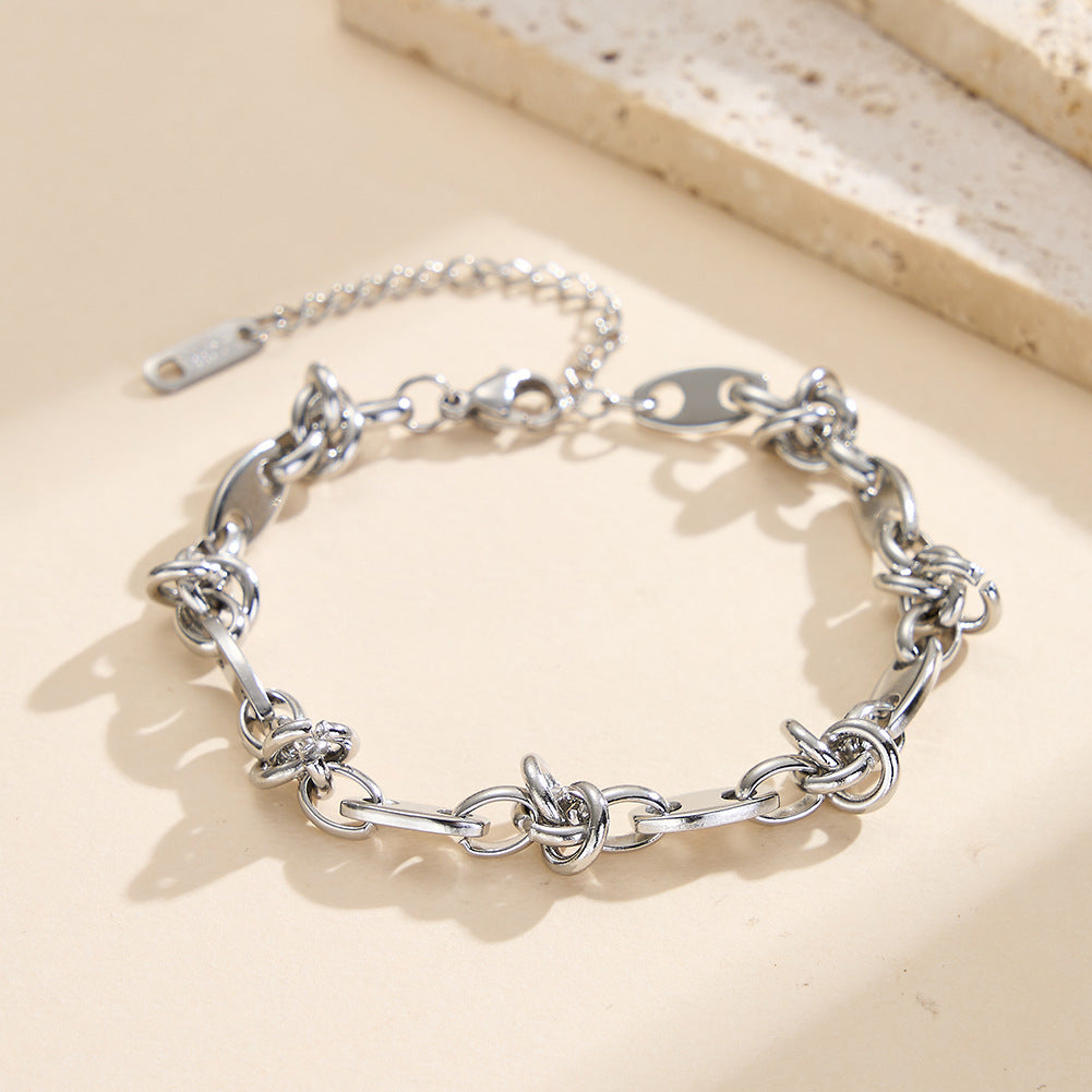 Gold Plated Stainless Steel Knotted Link Bracelet, Oval Paperclip Links with Hand Tied Knot Details, Adjustable