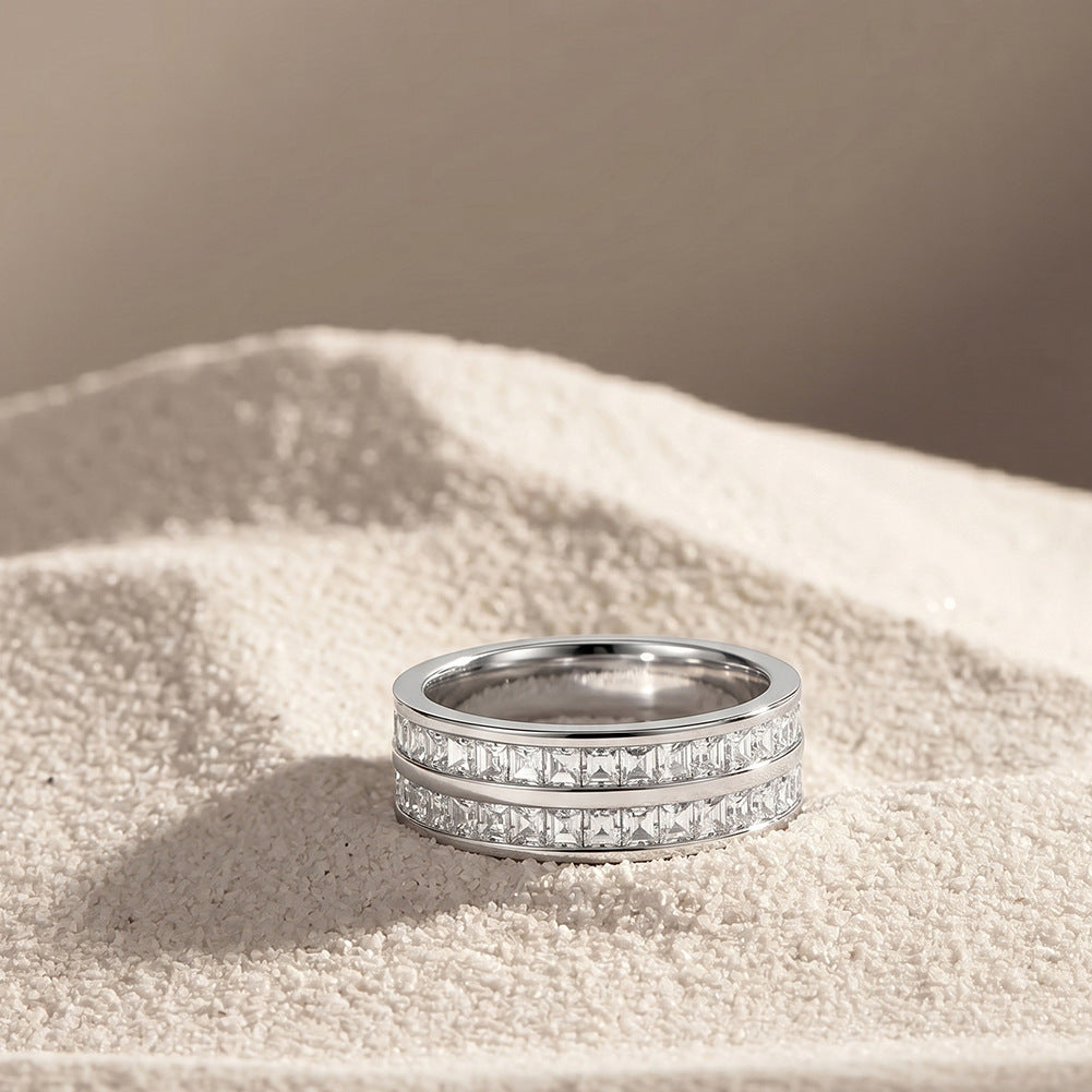 Gold Plated Stainless Steel Wide Band Ring, Double Row Baguette Cut CZ Stones