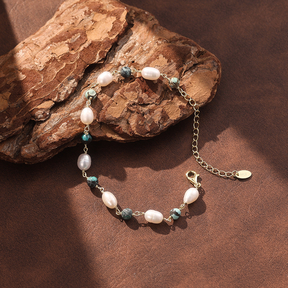 S925 Gold Plated Beaded Bracelet, Oval Lustrous Freshwater Pearls Mixed with African Turquoise Round Beads, Wire Wrapped Design, Adjustable Extension Chain