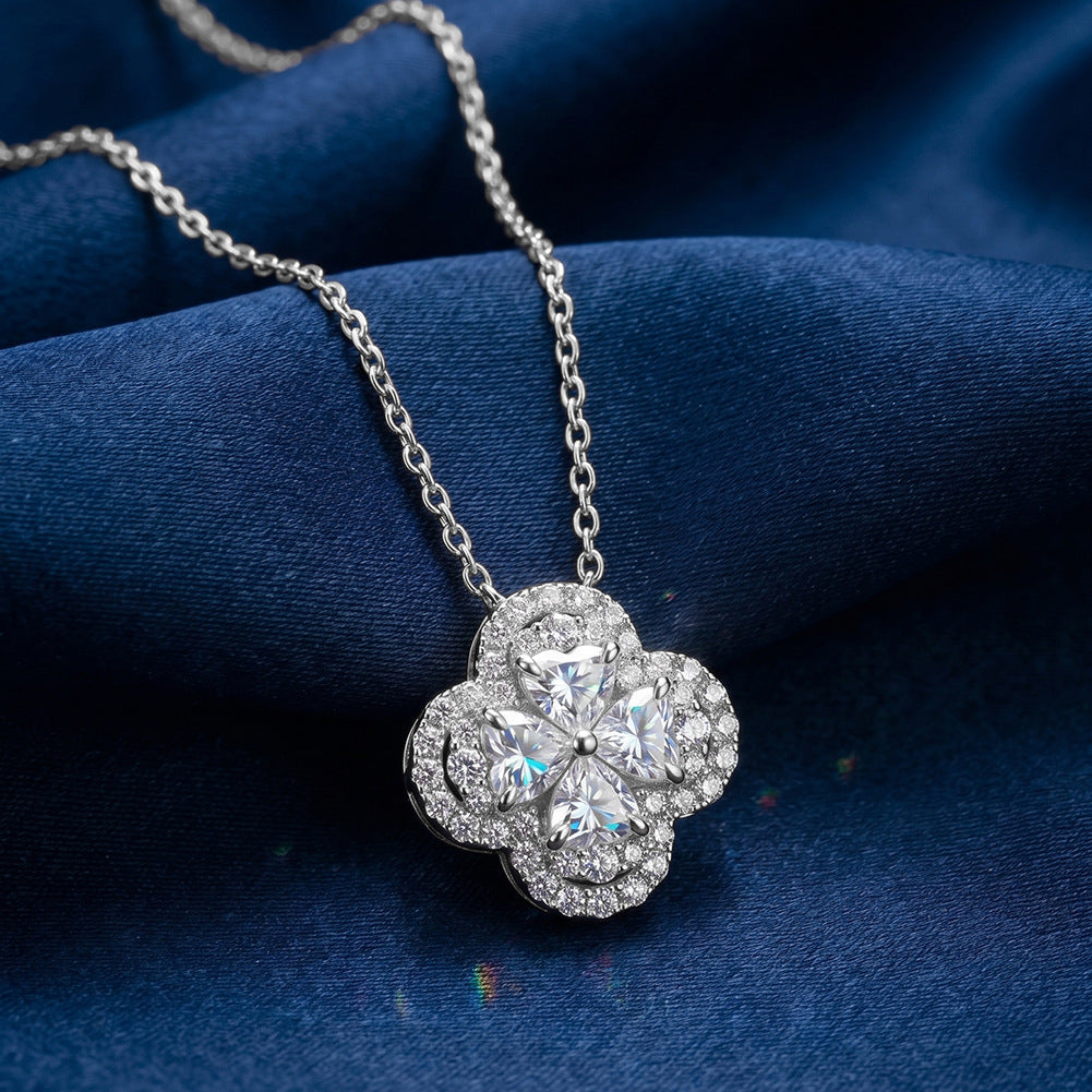 Gold Stainless Steel Four Leaf Clover Necklace, Paved Pear & Round Cut Clear CZ Quatrefoil Pendant Dainty Rolo Chain