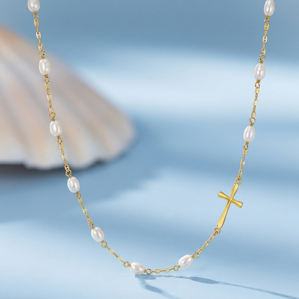 Silver Stainless Steel Rice Pearl Station Necklace, Oval Freshwater Style Pearls With Slim Simple Cross Pendant Adjustable Chain