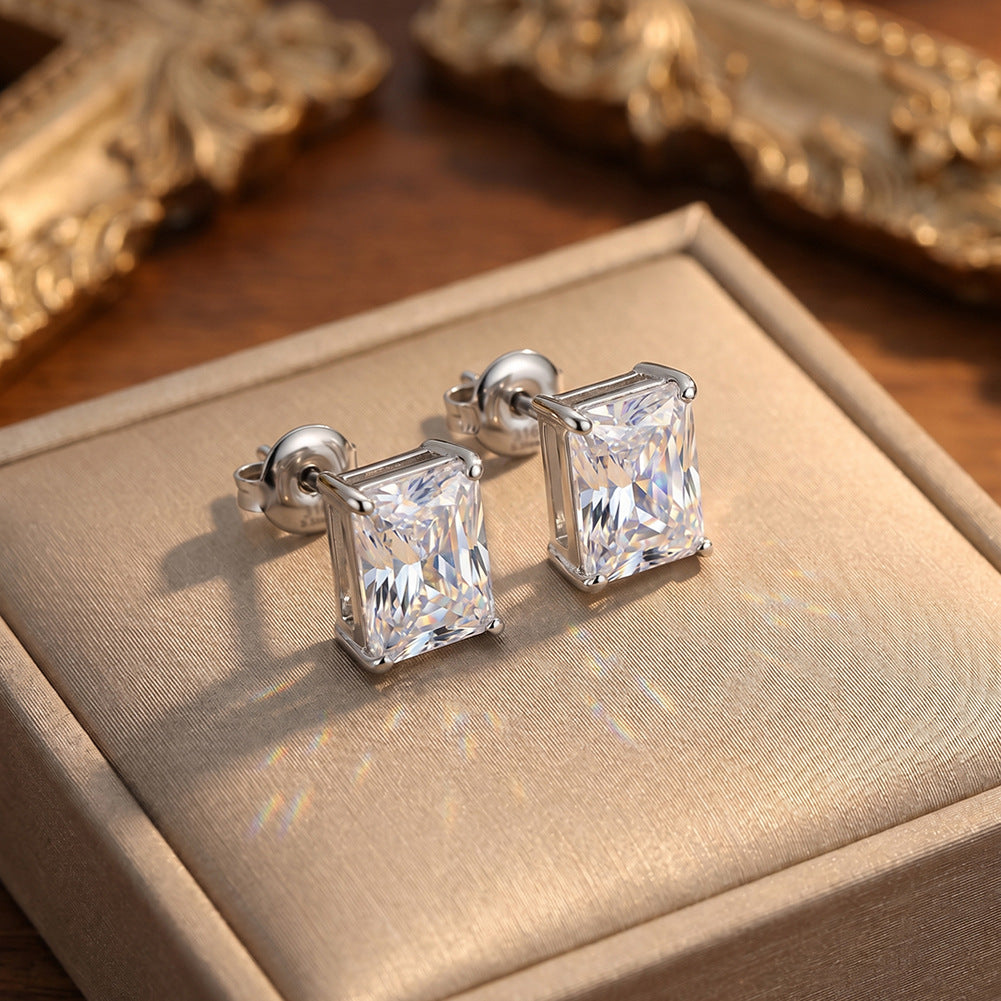 Gold Plated 316 Stainless Steel Stud Earrings, Emerald Cut Rectangular Clear Cubic Zirconia Four Prong Setting