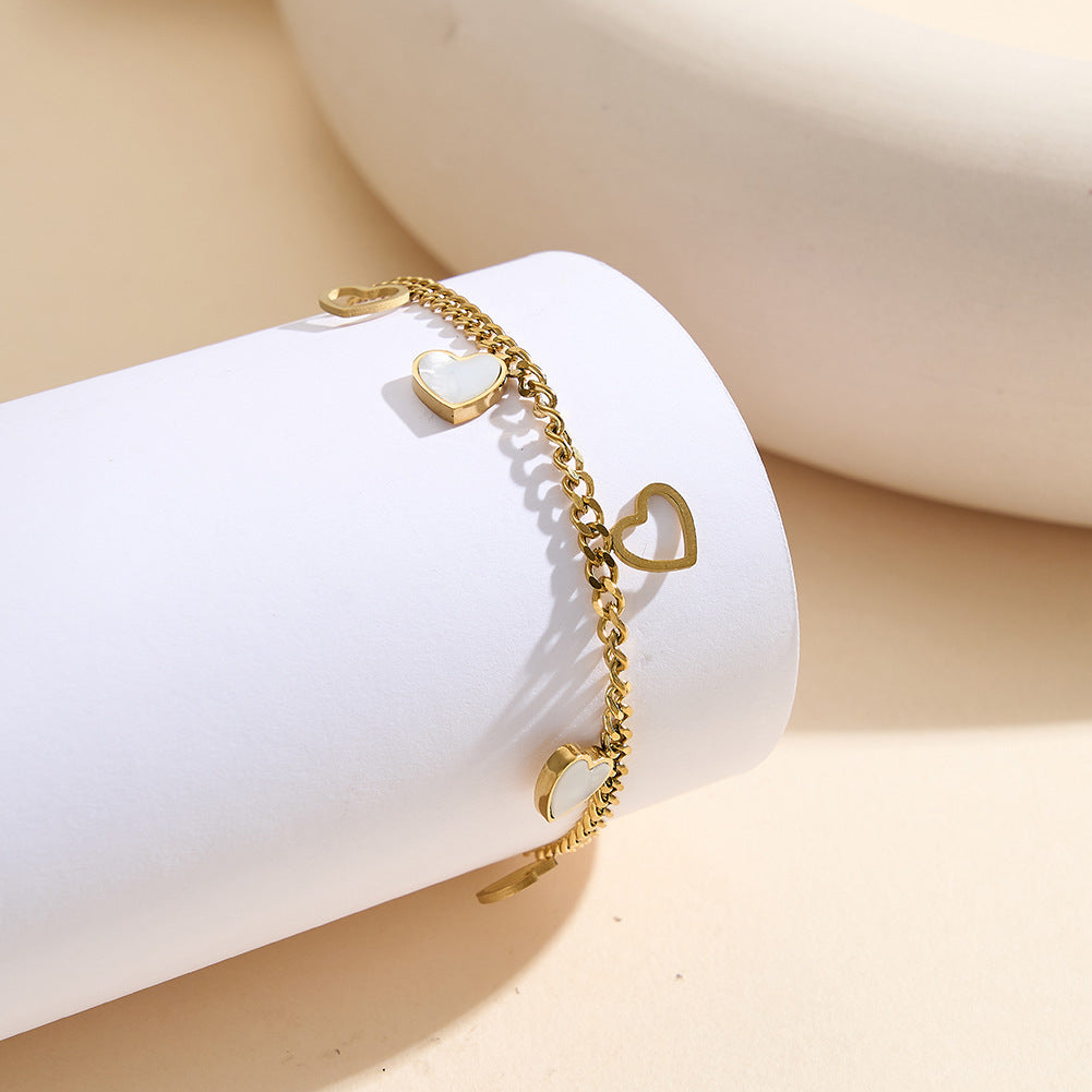 Gold Plated Stainless Steel Curb Chain Heart Bracelet, Hollow Outline Hearts & White Mother of Pearl Inlaid Heart Charms