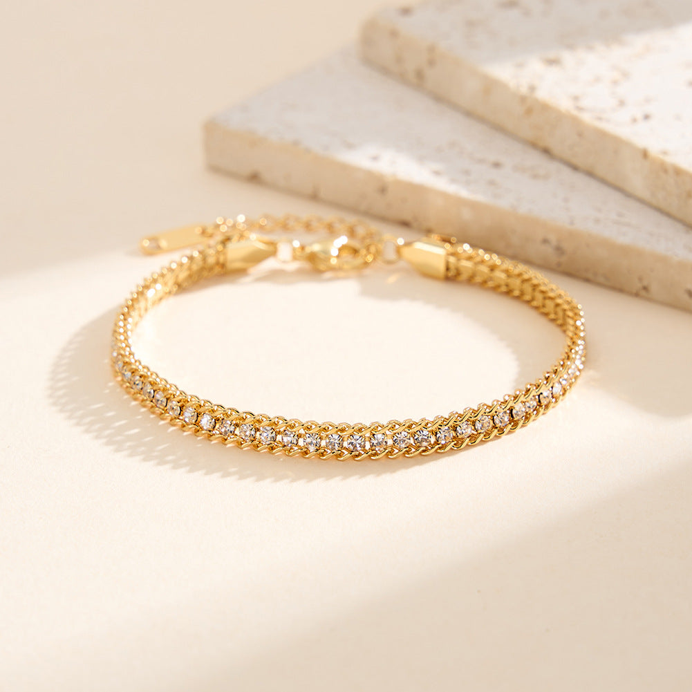 Silver Stainless Steel Single Row CZ Braided Bracelet, Paved Cubic Zirconia Woven Band, Adjustable Extension Chain
