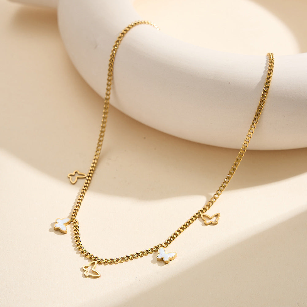 Gold Stainless Steel Butterfly Cuban Choker, Hollow Outline & White Shell Inlaid Butterfly Dangling Charms, Cuban Link Chain